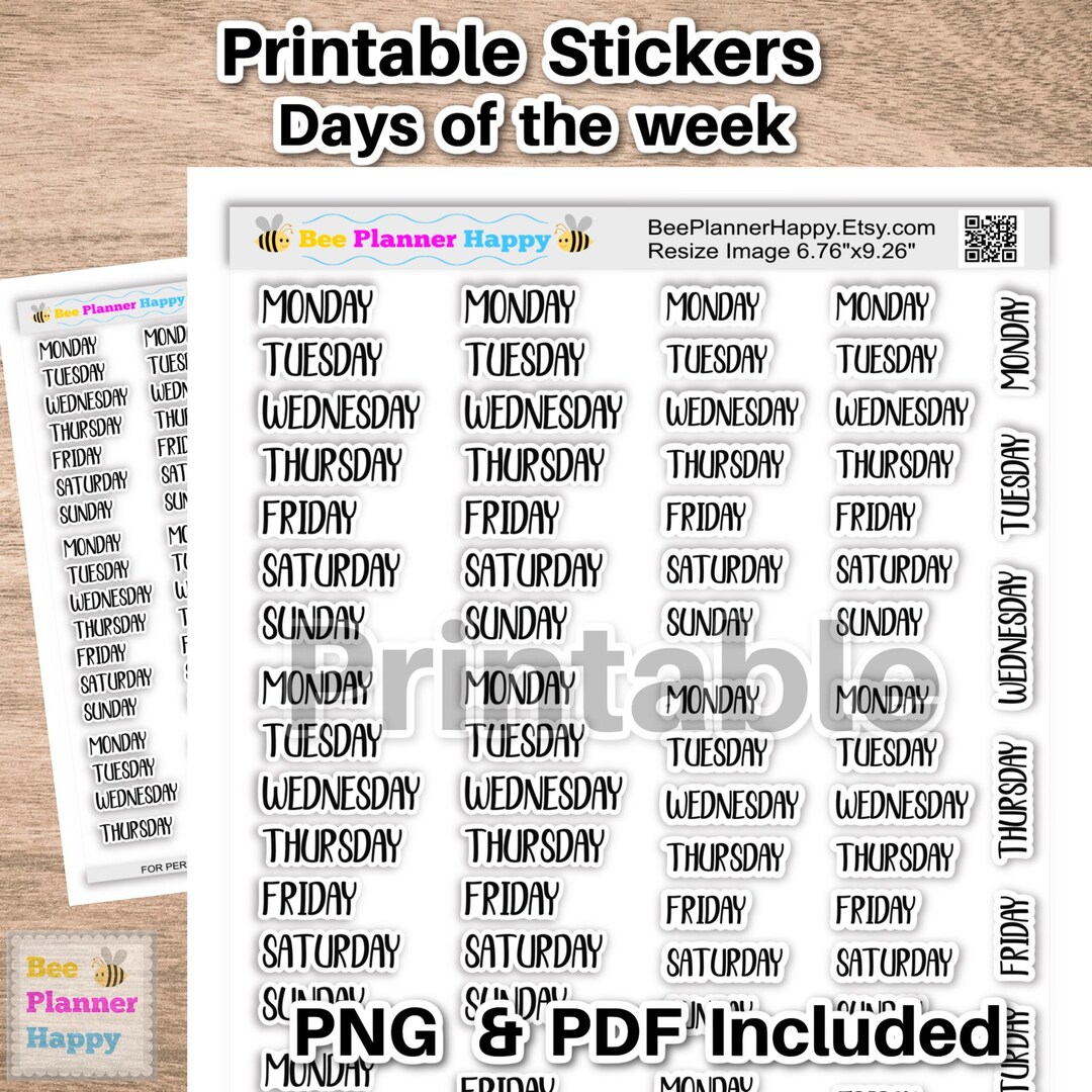 Week Names Stencil Printable Days of the Week ~ Print Font in Black 2 Sizes ~ Fit HP ...