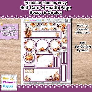 May include: Printable planner stickers with a fall theme. The sheet includes circles, boxes, and decorative elements featuring pumpkins, leaves, and floral arrangements. Text includes "Printable Planner Envy" and "Self Care & Health Page".