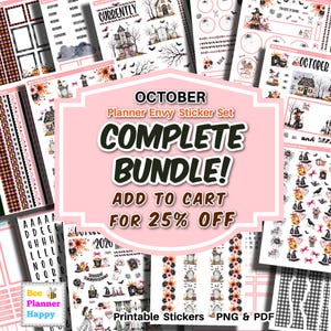 May include: A collection of Halloween-themed printable planner stickers featuring illustrations of haunted houses, witches, pumpkins, ghosts, and spiders. The set includes various decorative borders, alphabet letters, and seasonal icons in orange, black, and white.