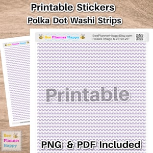 Printable Light Purple and White Polka Dot Skinny Washi Strips for Planners, Journals, Diaries, printable stickers, PDF PNG, Print and Cut