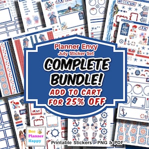 May include: A digital sticker set featuring nautical and patriotic themes in red, white, and blue. The collection includes illustrations of lighthouses, anchors, ships' wheels, fireworks, and beach scenes, alongside various planner boxes and labels.