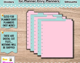 May include: Five pink and blue tab dividers for a planner. The dividers are designed for Planner Envy planners and are digital cut files. The text "DIY Planner Dividers" and "5 Top Tab Dividers for Planner Envy Planners" is at the top of the image. The text "PNG for Cricut & Silhouette" is at the top right of the image. The text "Sized for Planner Envy Planners (Not Mini)" is in a pink box at the top left of the image. The text "These are Digital Cut Files... Nothing will be shipped" is in a yellow box at the bottom left of the image. The text "Bee Planner Happy" is in a yellow box with a bee at the bottom left of the image.