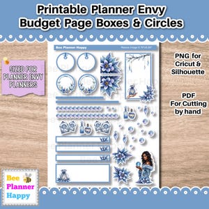 May include: A printable planner sheet with budget page boxes, circles, and floral designs in shades of blue. The sheet includes the text "Printable Planner Envy Budget Page Boxes & Circles" and "Sized for Planner Envy Planners".