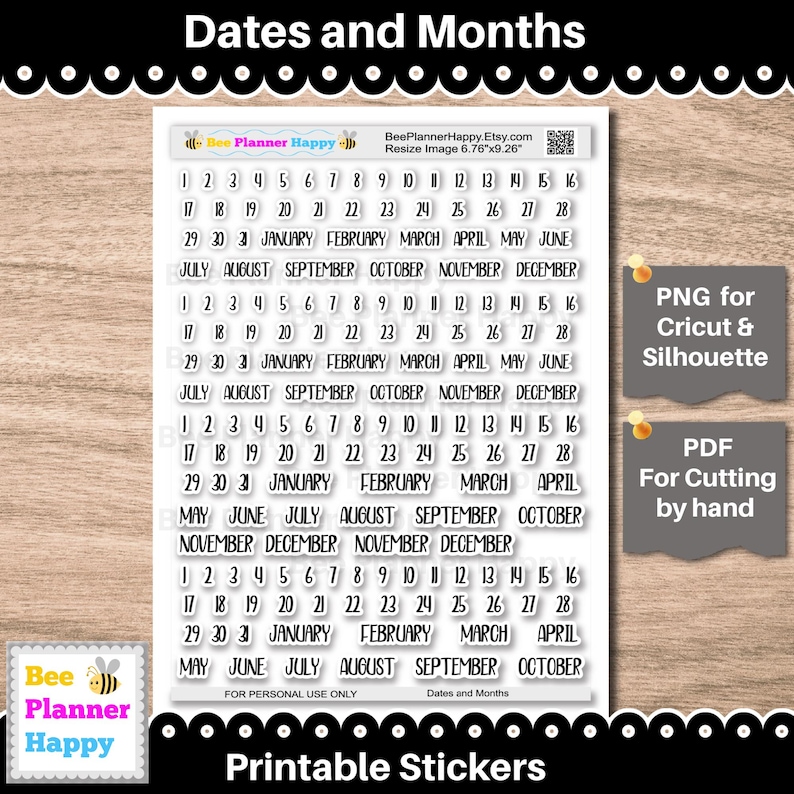 Printable Dates and Months ~ Print Font in Black ~ Fit HP Classic ...