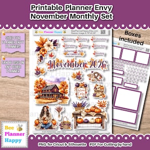 May include: A printable November 2026 monthly planner sticker set featuring autumn-themed illustrations of a house, pumpkins, foliage, and a person. Includes text labels for days of the week, November 2026, and boxes for planning. Designed for Cricut, Silhouette, or hand cutting.