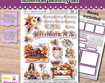 May include: A printable November 2026 monthly planner sticker set featuring autumn-themed illustrations of a house, pumpkins, foliage, and a person. Includes text labels for days of the week, November 2026, and boxes for planning. Designed for Cricut, Silhouette, or hand cutting.