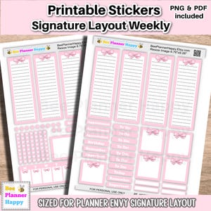 May include: Printable planner stickers in a signature layout. The stickers feature pink and white designs with bows, dotted lines, and text labels for appointments, to-dos, and reminders. Includes PNG and PDF files.