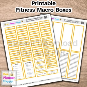 Puede incluir: Cajas de macros de fitness imprimibles con bordes amarillos y blancos. Las cajas están etiquetadas con categorías como proteínas, carbohidratos, grasas, calorías, peso, pasos y entrenamiento. También hay secciones para agua, promedios y cajas de registro de fitness.