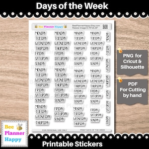 Días de la semana imprimibles ~ Fuente de impresión en negro, 2 tamaños ~ Compatible con planificadores, diarios y semanarios verticales clásicos de HP