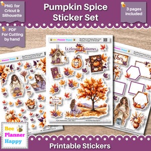 May include: A set of printable Pumpkin Spice stickers with autumn-themed illustrations. The stickers include images of pumpkins, fall leaves, and women. The set includes three pages and is designed for Cricut, Silhouette, and hand-cutting.