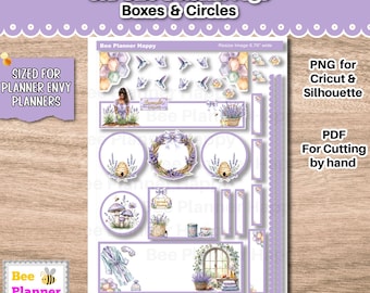 May include: A printable planner sheet with lavender and bee-themed graphics. The sheet includes boxes, circles, and decorative elements for self-care and health planning. Text includes "Printable Planner Envy" and "Bee Planner Happy".