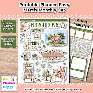 Puede incluir: Un conjunto de planificador imprimible con el tema de marzo de 2026, con pegatinas florales y de primavera. Incluye cajas y elementos para la personalización del planificador. El conjunto está diseñado para planificadores Planner Envy.