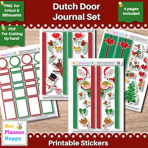 May include: A Dutch Door Journal Set with printable stickers. The set includes four pages of stickers with Christmas-themed designs, such as Santa Claus, reindeer, and Christmas trees. The stickers are in red, green, and white.