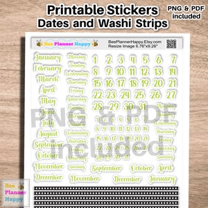 Stickers agenda imprimables | Cache-dates vert citron, mois, jours et rubans en Washi à pois | Planificateur heureux | Stickers pour carnets PNG PDF