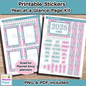 May include: Printable sticker sheets for planners. The sheets feature floral designs in pink and blue, with frames, monthly labels, and a 2026 planner title. Includes PNG and PDF files. Sized for Planner Envy planners.