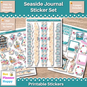May include: A sticker set with a seaside theme, featuring various designs like flamingos, pineapples, and beach scenes. The set includes decorative elements and the text "Seaside Journal Sticker Set" and "Printable Stickers". Includes 3 pages.
