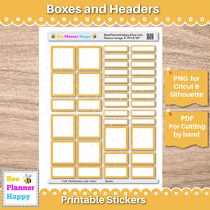Puede incluir: Hoja de pegatinas imprimibles con cuadros y encabezados en amarillo y blanco. El diseño incluye varias formas rectangulares y cuadradas, con el texto "Boxes and Headers" en la parte superior. La hoja también incluye el texto "Bee Planner Happy" y "Printable Stickers".