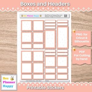 May include: Printable sticker sheet with boxes and headers in a peach color. The sheet includes various rectangular and square shapes with white interiors and a dotted pattern. Text includes "Boxes and Headers", "Printable Stickers", and "Bee Planner Happy".