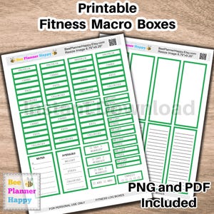 Puede incluir: Cajas de macros de fitness imprimibles con bordes verdes y blancos. Las cajas están etiquetadas con categorías como proteínas, carbohidratos, grasas, calorías, peso, pasos y entrenamiento. Las cajas están diseñadas para realizar un seguimiento del progreso del estado físico y la nutrición.