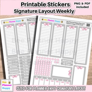 May include: Printable stickers for a weekly planner in a gray and pink color scheme. The stickers include boxes for appointments, to-dos, birthdays, and reminders. There are also boxes for daily tasks and a section for the days of the week. The stickers are sized for the Planner Envy Signature layout.