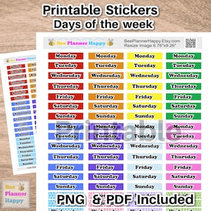 May include: Printable stickers for a planner, featuring the days of the week in colorful rectangular boxes. The stickers are designed with a bee theme and include the text "Bee Planner Happy".