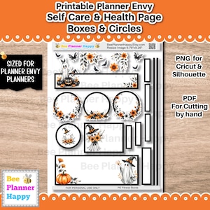 Puede incluir: Una hoja de pegatinas para planificador con temática de Halloween con fantasmas, calabazas y diseños florales. Las pegatinas incluyen círculos, cajas y elementos decorativos para páginas de autocuidado y salud. El texto incluye "Printable Planner Envy".