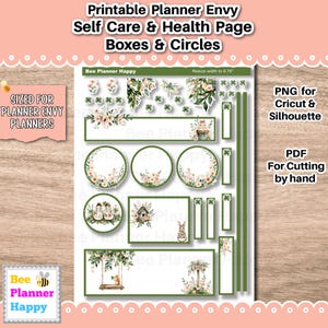 May include: A printable planner sheet with floral and botanical designs. Includes boxes, circles, and decorative elements. Text includes "Printable Planner Envy" and "Self Care & Health Page". Sized for Planner Envy planners. Includes PNG and PDF formats.
