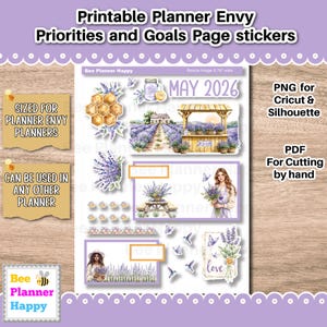 May include: A sheet of planner stickers with a lavender theme. The stickers include images of lavender fields, butterflies, and a farmer's market. Text includes "Printable Planner Envy" and "Priorities and Goals Page stickers". The stickers are sized for planner envy planners.