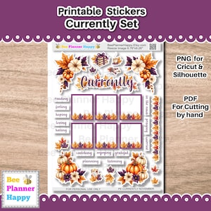 Könnte beinhalten: Druckbares Aufkleber-Set mit Herbstthema. Das Design umfasst Kürbisse, Blätter und florale Elemente. Der Text enthält "Currently" und andere Wörter wie "reading", "feeling" und "hoping". Das Set ist für Cricut und Silhouette.