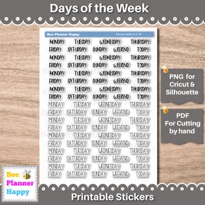 Puede incluir: Hoja de pegatinas imprimibles con etiquetas negras de los días de la semana. Incluye etiquetas de lunes a domingo, además de "Hoy" y "Fin de semana". Opciones PNG y PDF para cortar.