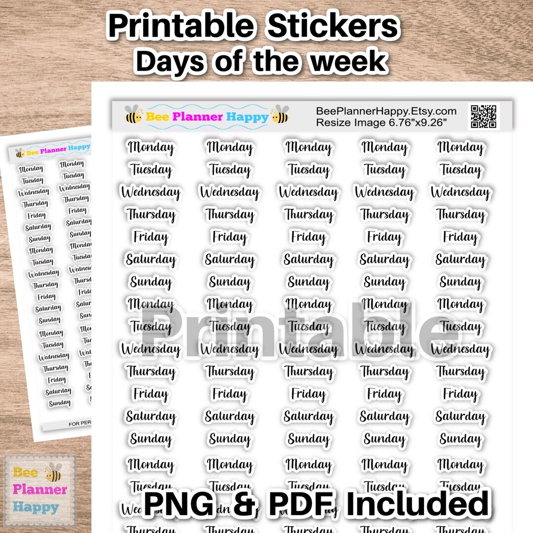 Printable Days of the Week ~ Script Font in Black ~ Fit HP Classic ...