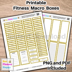 Pegatinas imprimibles de macrocajas de fitness ~ Cajas doradas Fit HP Diseño clásico para el control del estrés y otros rastreadores de peso y calorías