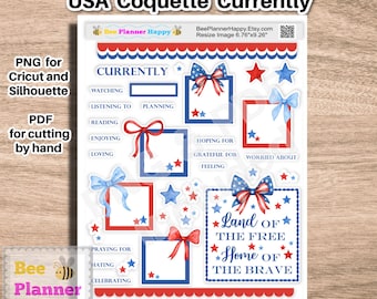 May include: Printable sticker sheet with a patriotic theme. Features red, white, and blue bows, stars, and frames. Text includes "Land of the Free, Home of the Brave" and various activity prompts. Includes PNG and PDF files.