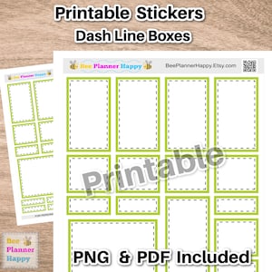 May include: Printable stickers with dashed line boxes. The stickers are green and black with white interiors. The text "Bee Planner Happy" and "BeePlannerHappy.Etsy.com" are included in the image. The text "Printable" is partially visible in the image. The text "PNG & PDF Included" is at the bottom of the image.