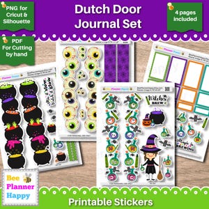 Op de afbeelding: Een verzameling printbare Halloween-stickers, waaronder illustraties met heksen, drankflessen en oogontwerpen. De set bevat de tekst "Dutch Door Journal Set" en "Printable Stickers".