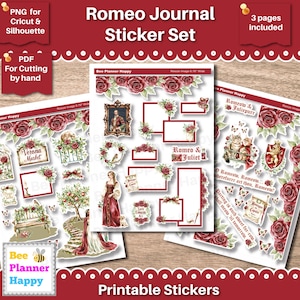 Puede incluir: Un juego de pegatinas con el tema de Romeo y Julieta. El conjunto incluye varias pegatinas con ilustraciones de rosas, marcos y personajes de la obra. El texto "Romeo Journal Sticker Set" se muestra en la parte superior. Las pegatinas están diseñadas para Cricut y Silhouette.