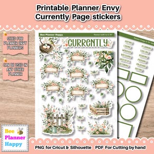 May include: Printable planner stickers with floral and greenery designs. The stickers include the word "Currently" and other words like "Hoping" and "Loving". The stickers are sized for Planner Envy planners and can be used in any other planner.