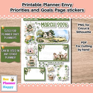 May include: Printable planner stickers with a spring theme. Includes stickers with a house, car, camera, and floral designs. Text includes "March 2026", "Spring is in the air", and "Sized for Planner Envy Planners".