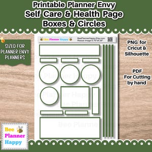 May include: A printable planner page with green outlines and the text "Printable Planner Envy Self Care & Health Page Boxes & Circles." Includes boxes, circles, and rectangles for planning. The image is sized for Planner Envy planners.