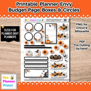 Puede incluir: Pegatinas imprimibles para planificador con diseños de Halloween. Incluye cajas, círculos, calabazas, fantasmas, murciélagos y detalles florales. El texto incluye "Printable Planner Envy Budget Page Boxes & Circles" y "Sized for Planner Envy Planners".