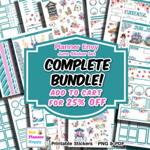 May include: A collection of planner stickers with a beach theme. The stickers include images of beach houses, flamingos, and floral designs. The text "Planner Envy June Sticker Set COMPLETE BUNDLE!" is displayed prominently. The stickers are available as PNG and PDF files.