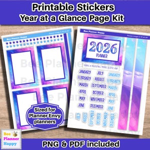 May include: Printable sticker sheets for planners. The sheets feature a colorful design with blue, purple, and pink hues. One sheet has calendar stickers for 2026, and the other has blank frames. The text includes "Year at a Glance Page Kit" and "Sized for Planner Envy planners."