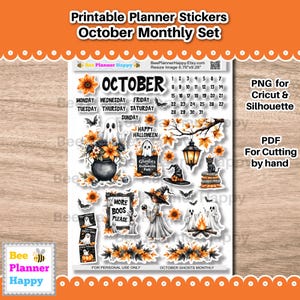 Könnte beinhalten: Druckbare Planer-Aufkleber für Oktober mit Halloween-Motiven. Enthält Geister, eine Hexe, Fledermäuse und florale Akzente. Das Set beinhaltet ein Kalenderlayout und dekorative Elemente für den persönlichen Gebrauch.