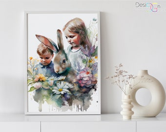 Easter Bunny with Children Watercolor Art, Boy and Girl Easter Eggs Art, Printable Digital Download, Decor Easter Wall Art, Poster Art Print