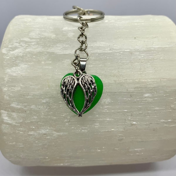 Crystal Jade Heart, Angel Wings Charm Keyring Filled With Reiki