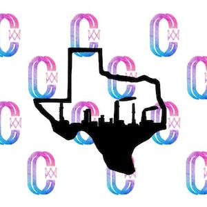 May include: A black silhouette of the state of Texas with a cityscape inside. The silhouette is surrounded by a pattern of colorful, overlapping letter C's.