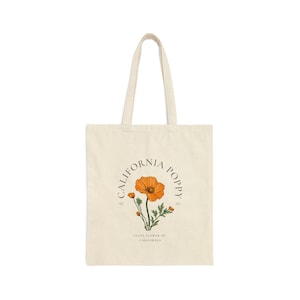 Bolsa de algodón 100% amapola de California / Bolsa de compras reutilizable ecológica / Flor del estado de California / Bolsa de algodón duradera con mango largo