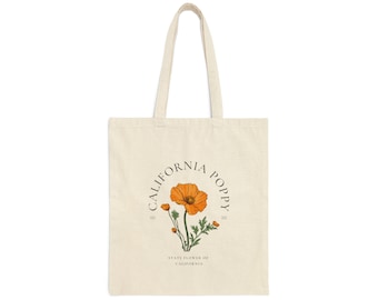 California Poppy 100% Cotton Tote Bag | Eco-friendly Reusable Shopping Bag | California State Flower | Durable Long Handle Cotton Bag