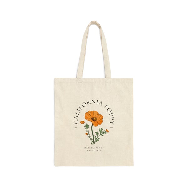 California Poppy 100% Cotton Tote Bag | Eco-friendly Reusable Shopping Bag | California State Flower | Durable Long Handle Cotton Bag