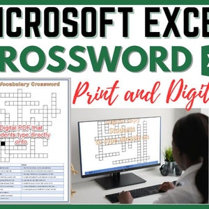 May include: A digital and printable Microsoft Excel vocabulary crossword puzzle. The crossword puzzle is on a computer screen and a printed version is shown next to it. The text on the screen says "Digital PDF that students type directly onto".